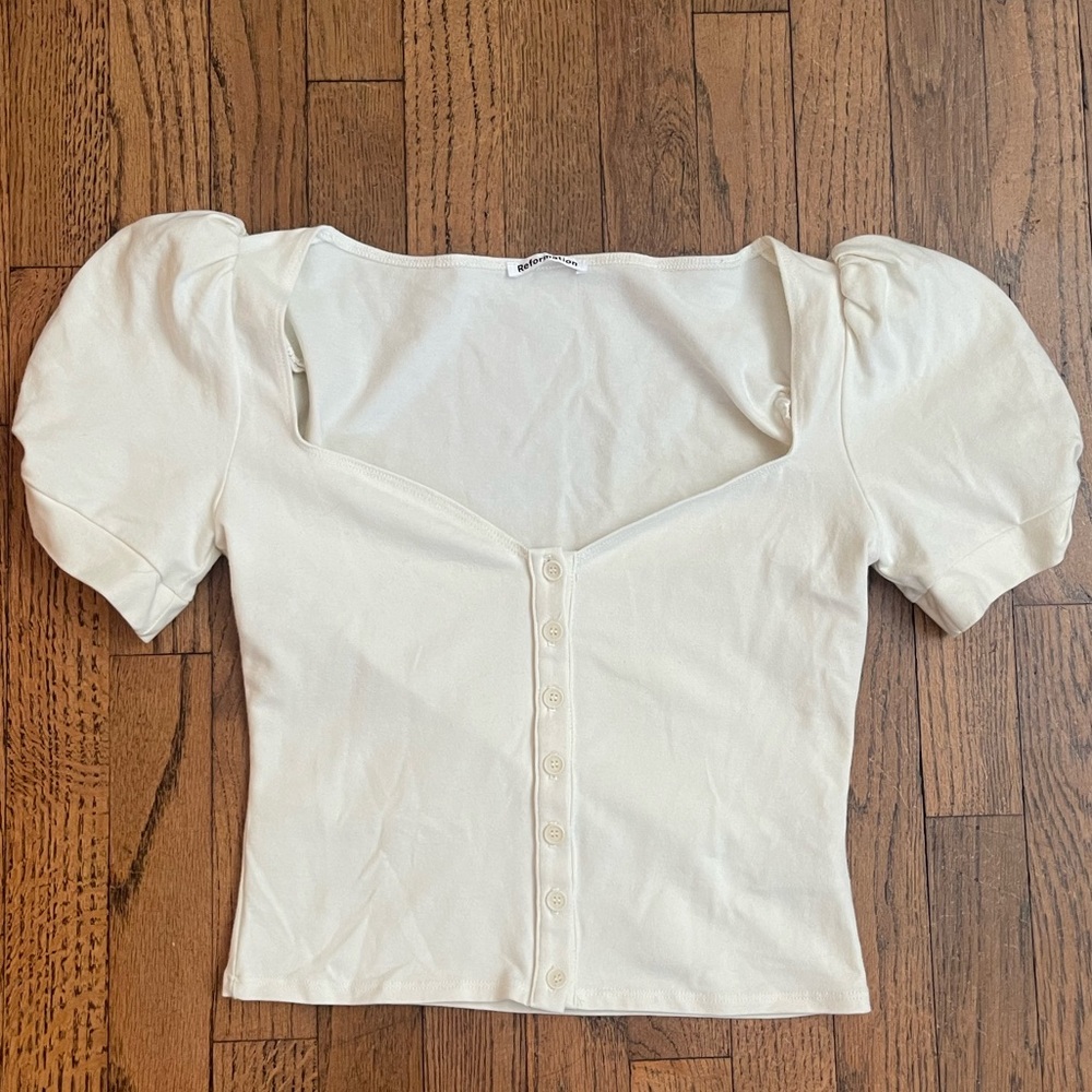 Reformation Puff-Sleeve White/Cream Top, Size S